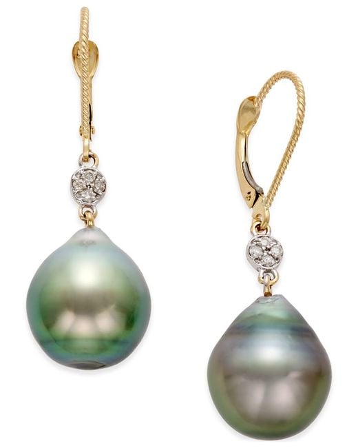 Macy's Cultured Tahitian Pearl (12mm) And Diamond Accent Drop Earrings